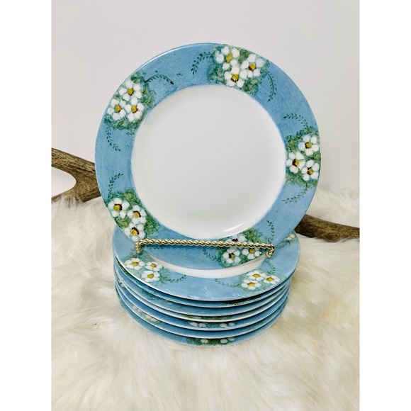Set Of 8 Grand Blanc‎ Plates by Christopher Stuart Blue White Daisy Flower RARE